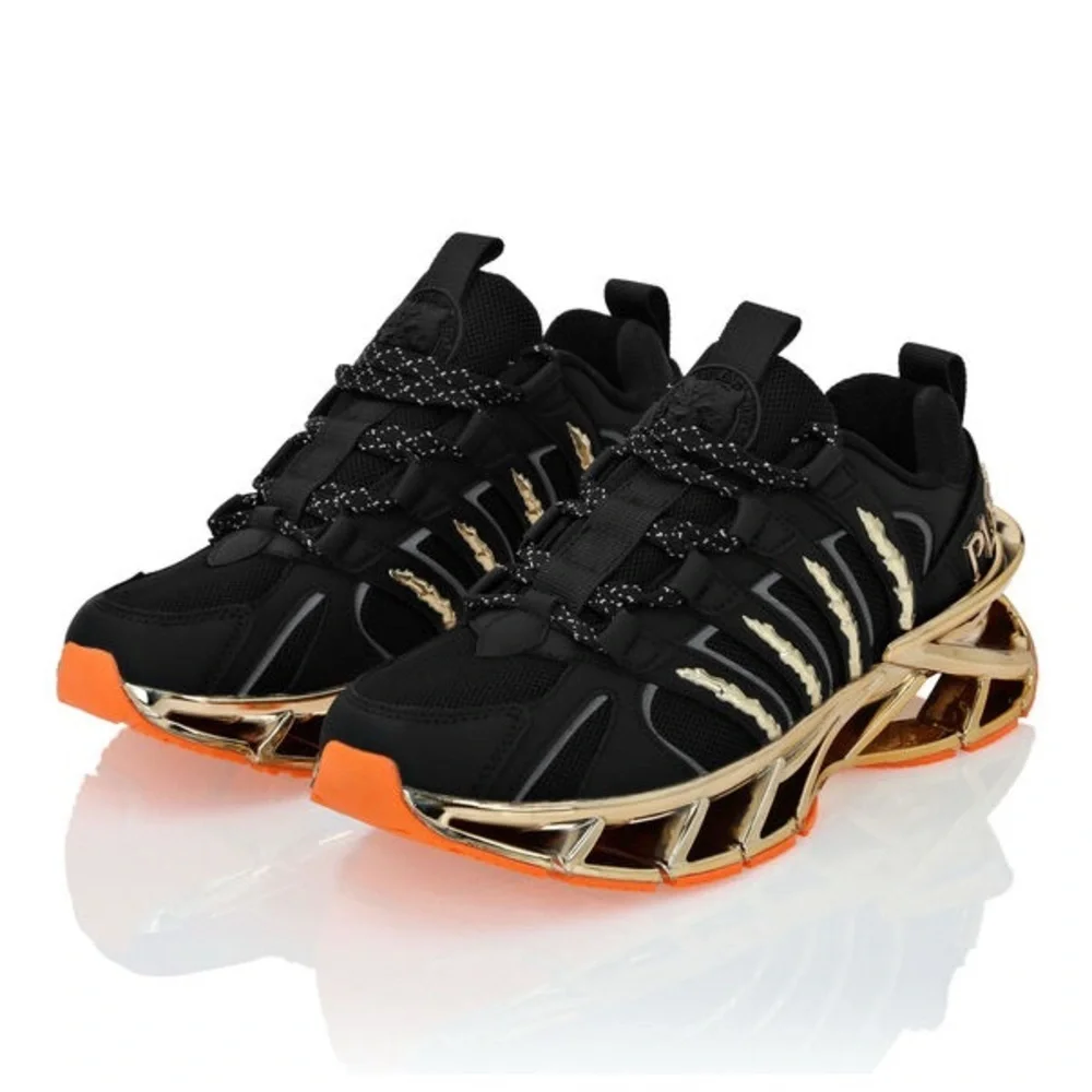 Philipp Plein Sport Black Gold Futuristic Runners with Orange Sole